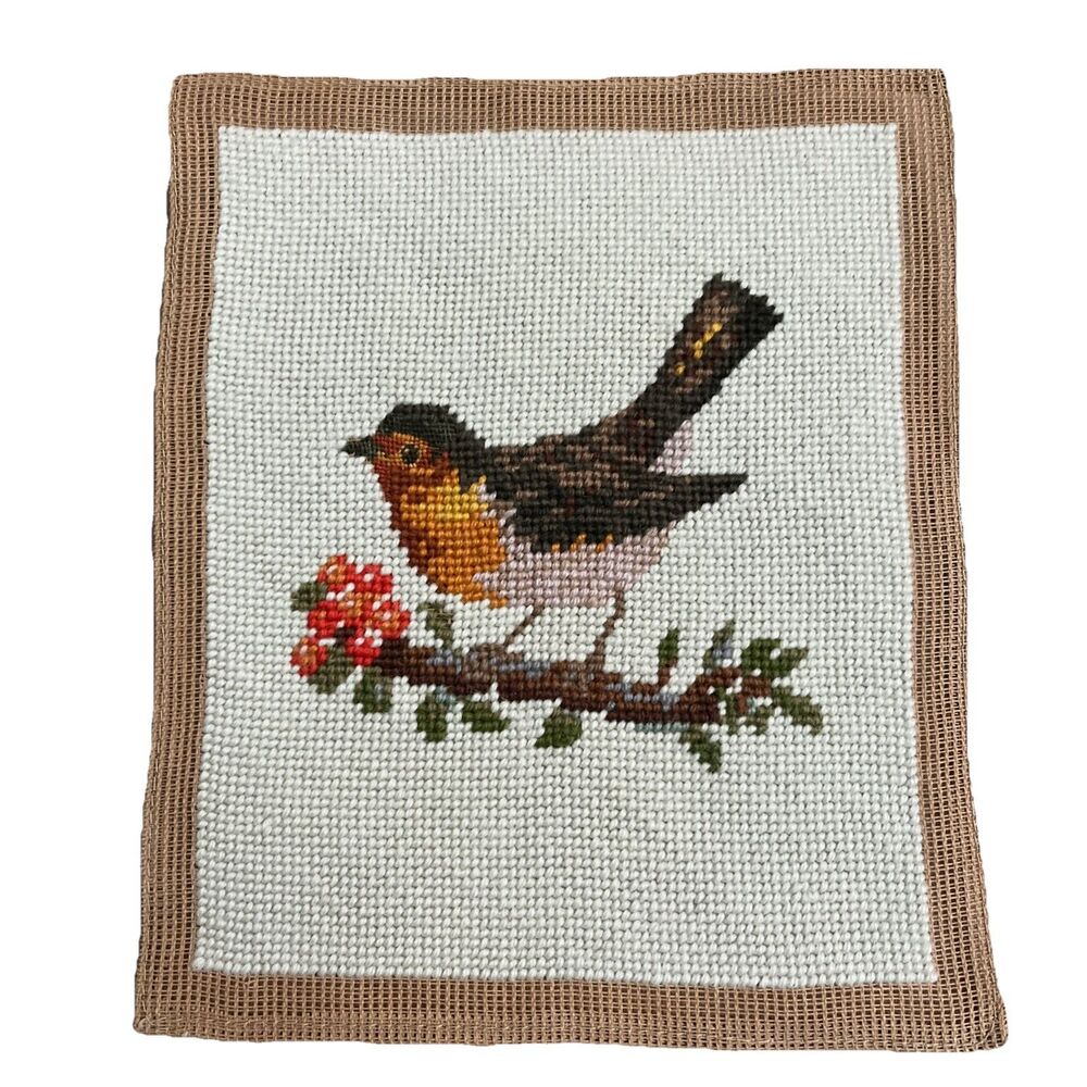 Vintage Finished Needlepoint Bird on a Branch Handmade Flowers